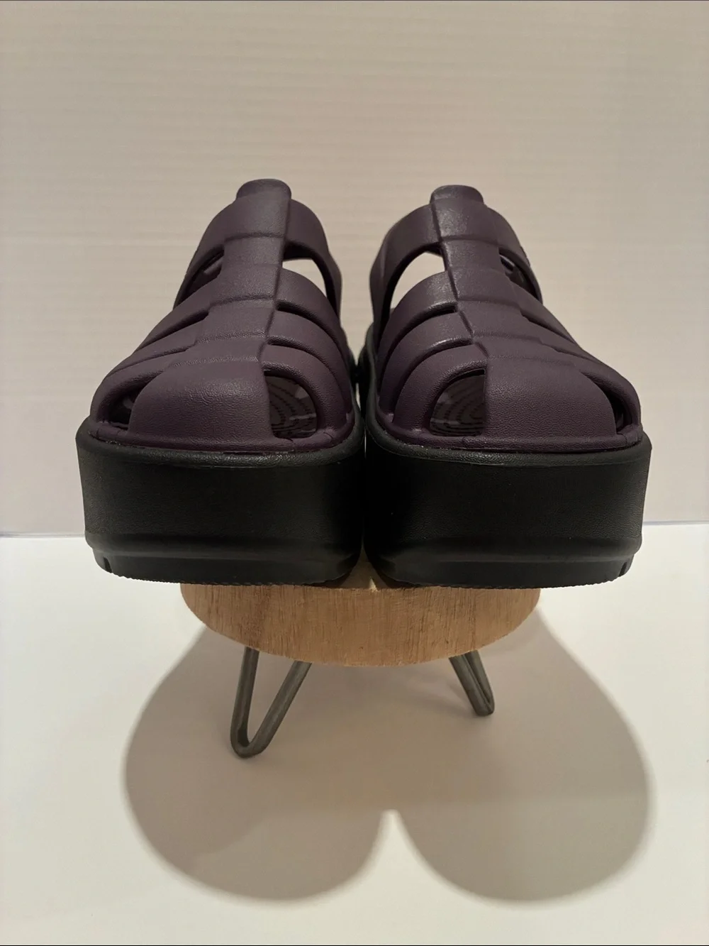 CROCS Women's Stomp Fisherman Platform Sandal in Deep Plum with Black Sole